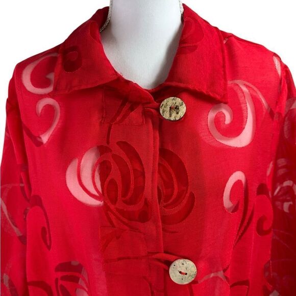 Kaktus 3/4 Sleeve Blouse Vibrant Red Sheer Button-Up Size XL - Picture 2 of 10